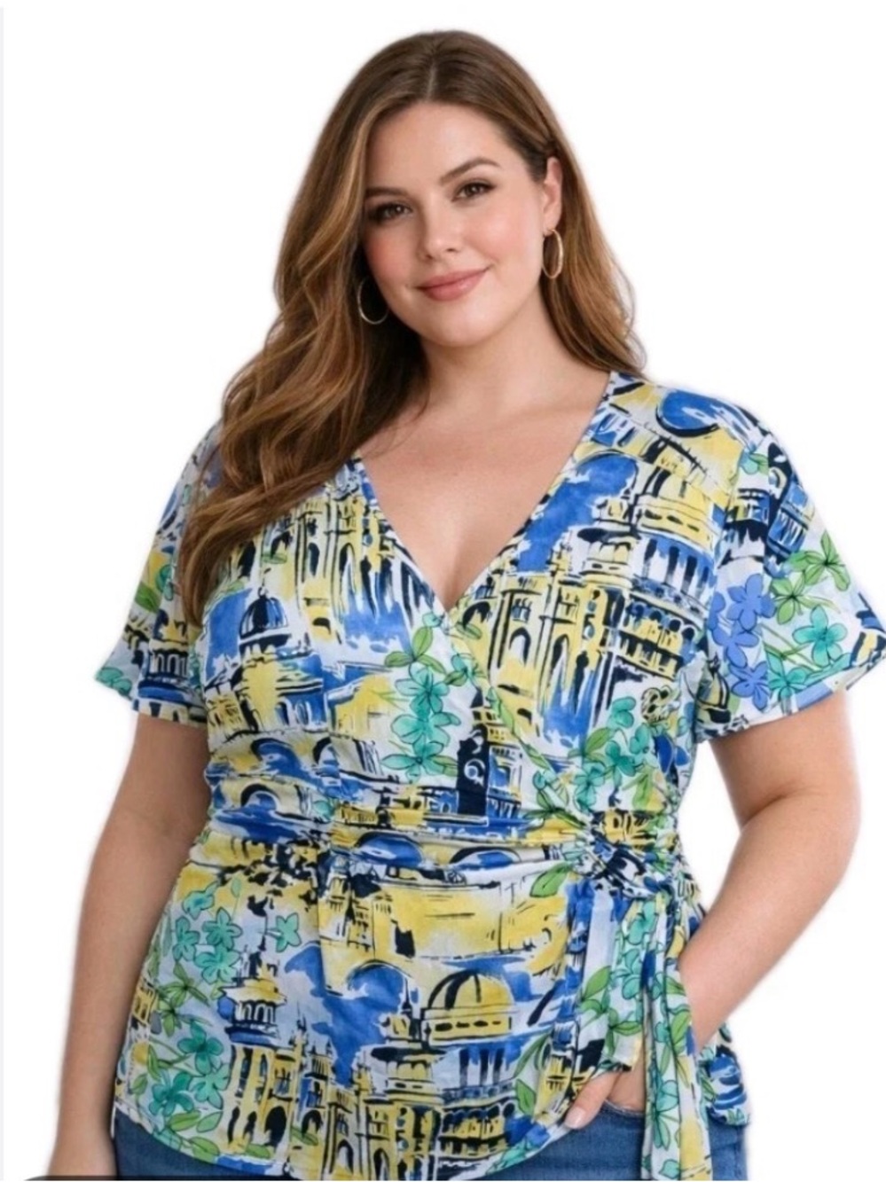JM Collection Wrap Flutter Sleeve Blouse Tropical Fusion 16W Resort Cruise